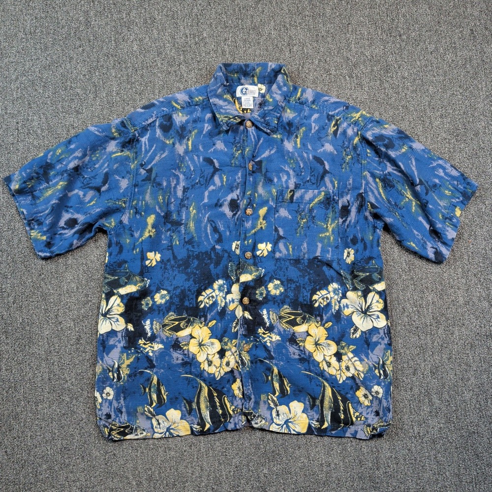 Arizona Vintage Y2K Tropical Fish Floral Shirt Large Blue Cotton Blend Coastal